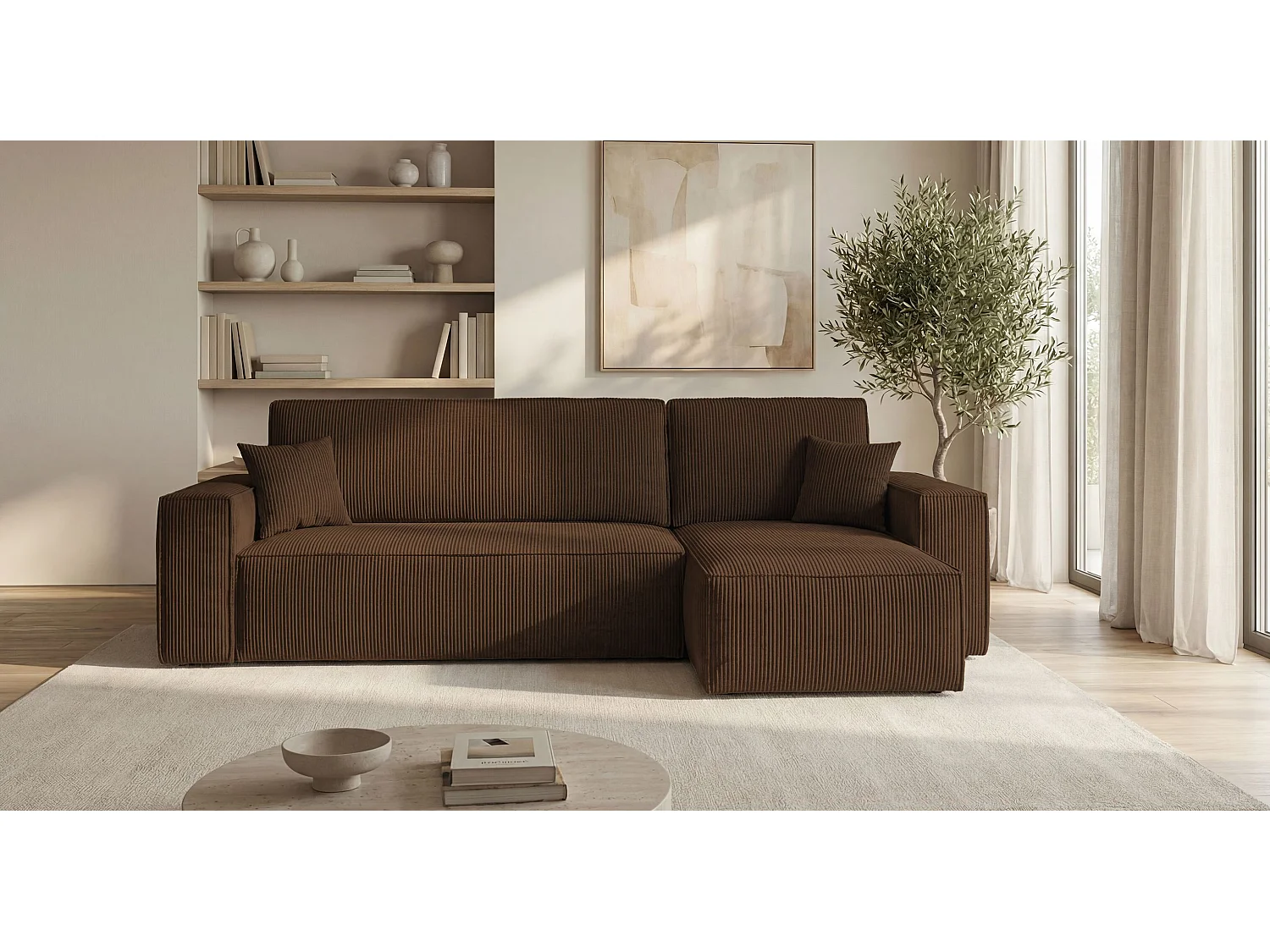 Canapé d'angle CALIFORNIA MINI droit marron velours côtelé Poso 6 - fonction couchage, coffre à literie
