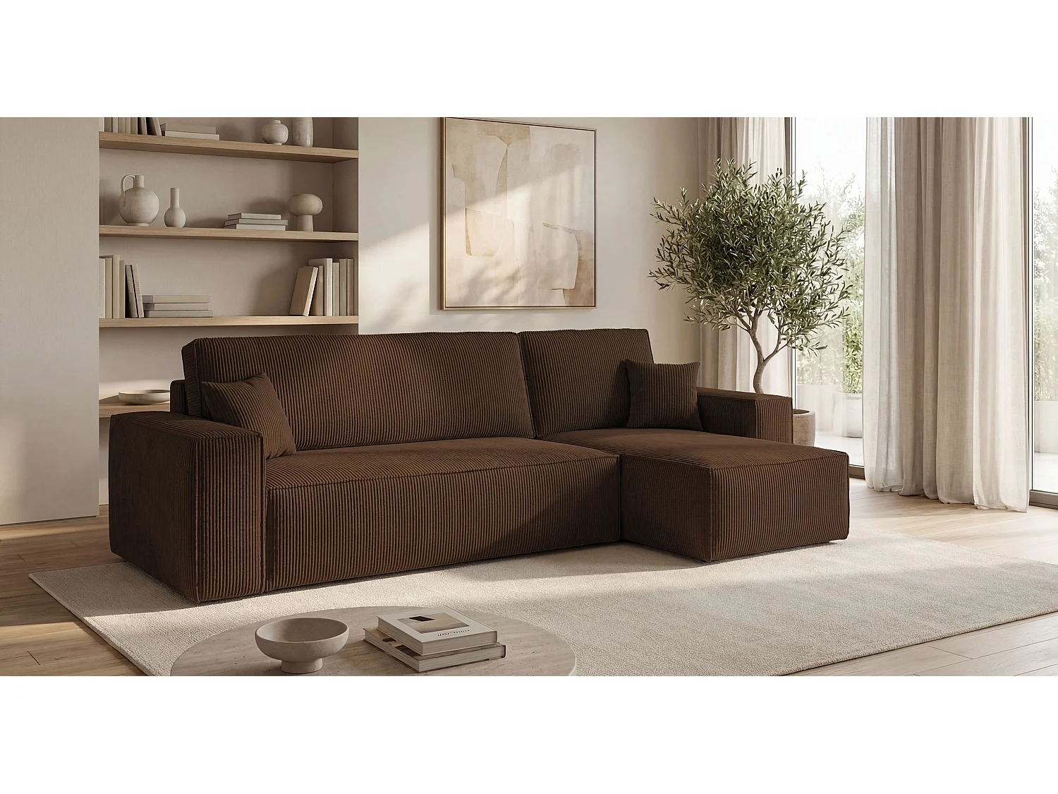 Canapé d'angle CALIFORNIA MINI droit marron velours côtelé Poso 6 - fonction couchage, coffre à literie