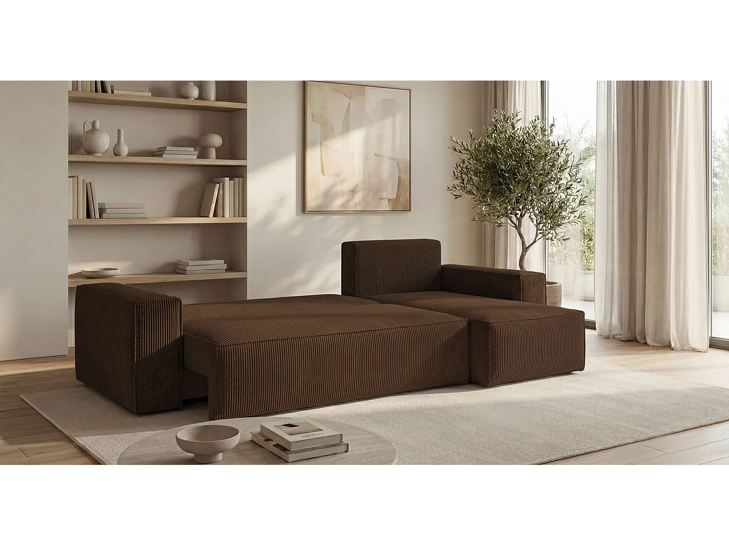Canapé d'angle CALIFORNIA MINI droit marron velours côtelé Poso 6 - fonction couchage, coffre à literie