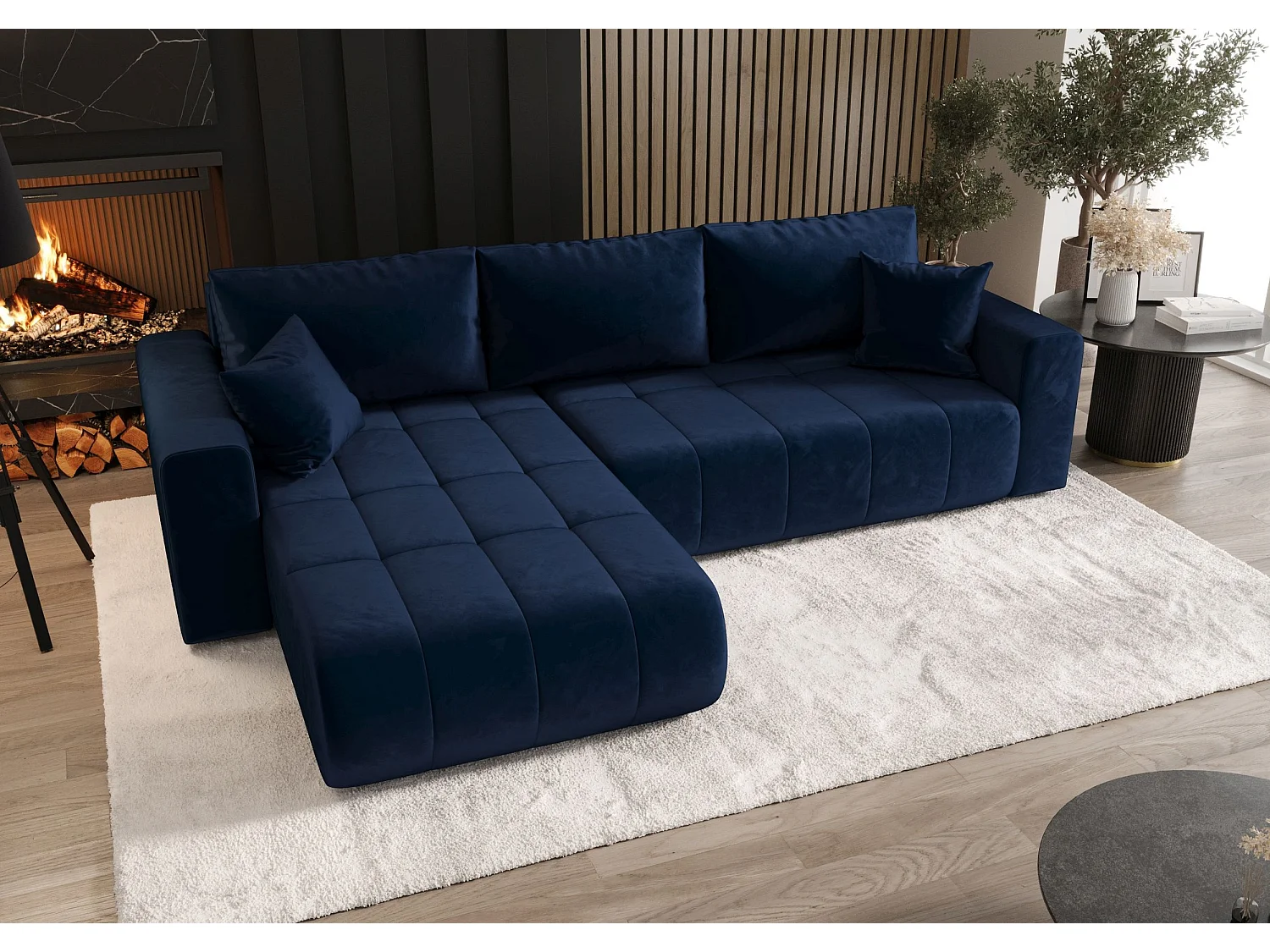 Canapé d'angle LARA gauche bleu foncé velours Monolith 77 - fonction couchage, coffre à literie