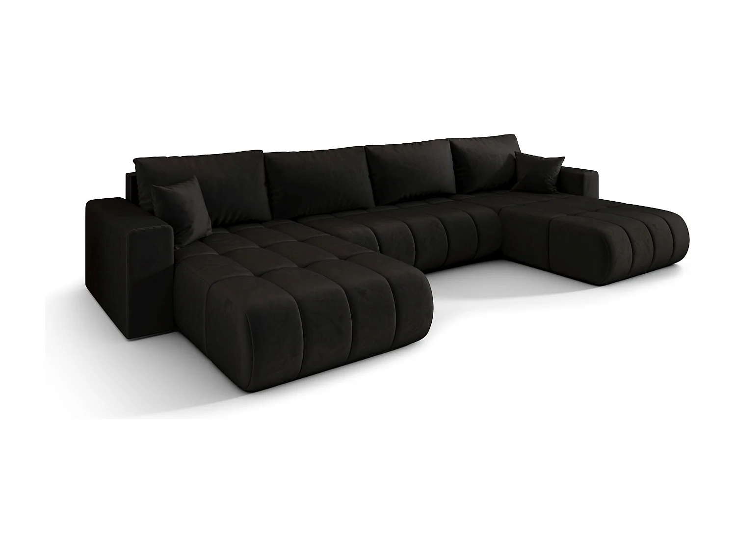Canapé d'angle LARA PREMIUM en U noir velours Monolith 97 - fonction couchage, coffre à literie