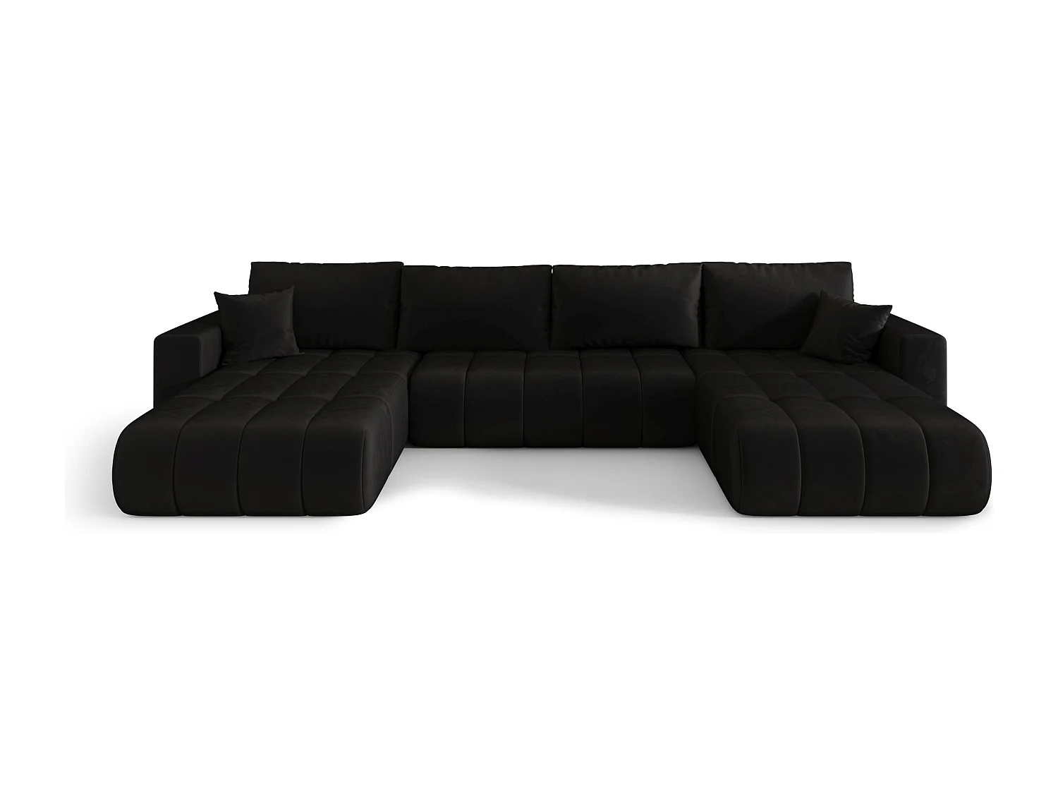 Canapé d'angle LARA PREMIUM en U noir velours Monolith 97 - fonction couchage, coffre à literie