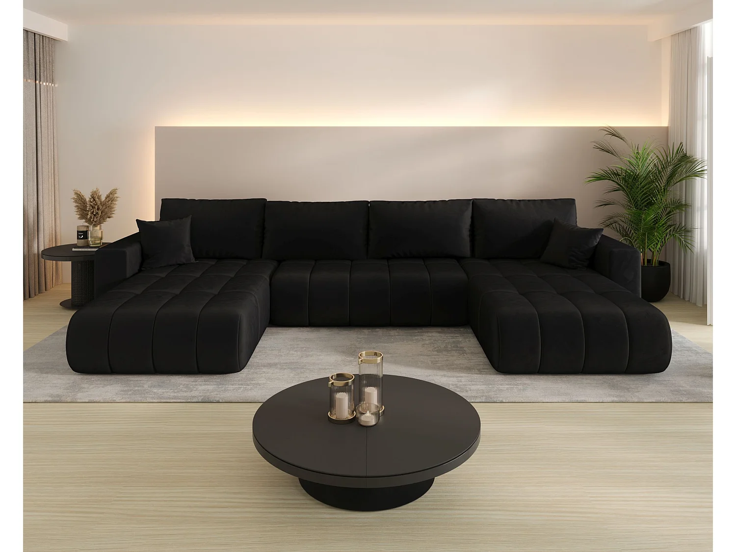 Canapé d'angle LARA PREMIUM en U noir velours Monolith 97 - fonction couchage, coffre à literie