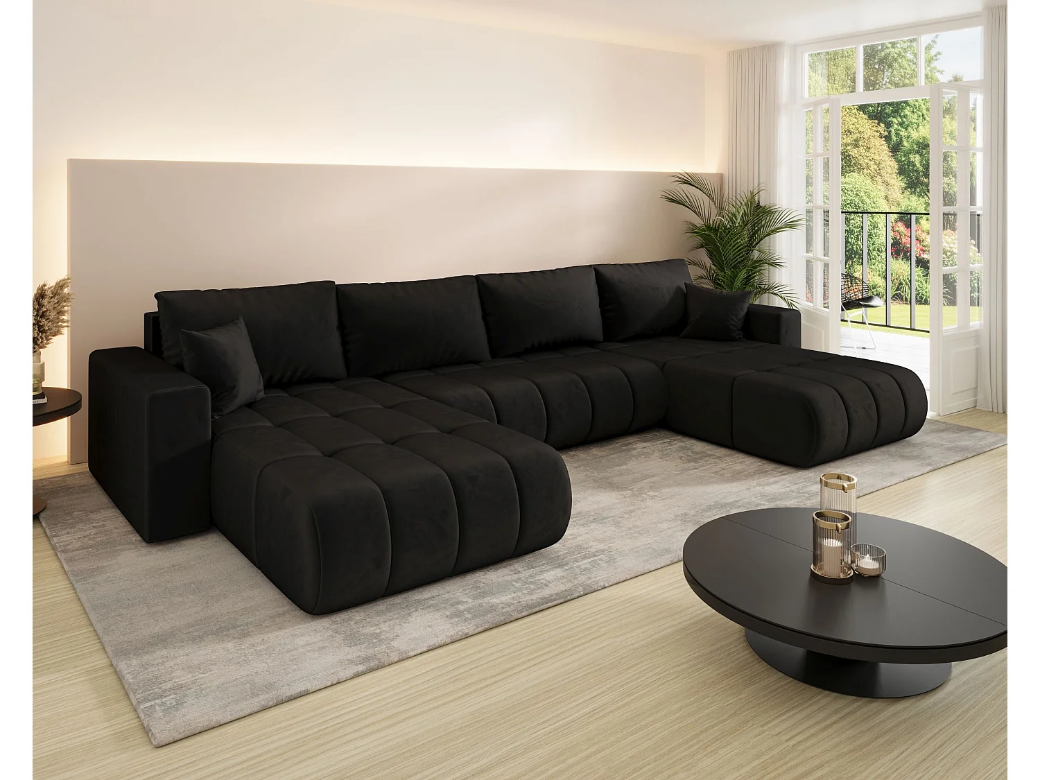 Canapé d'angle LARA PREMIUM en U noir velours Monolith 97 - fonction couchage, coffre à literie
