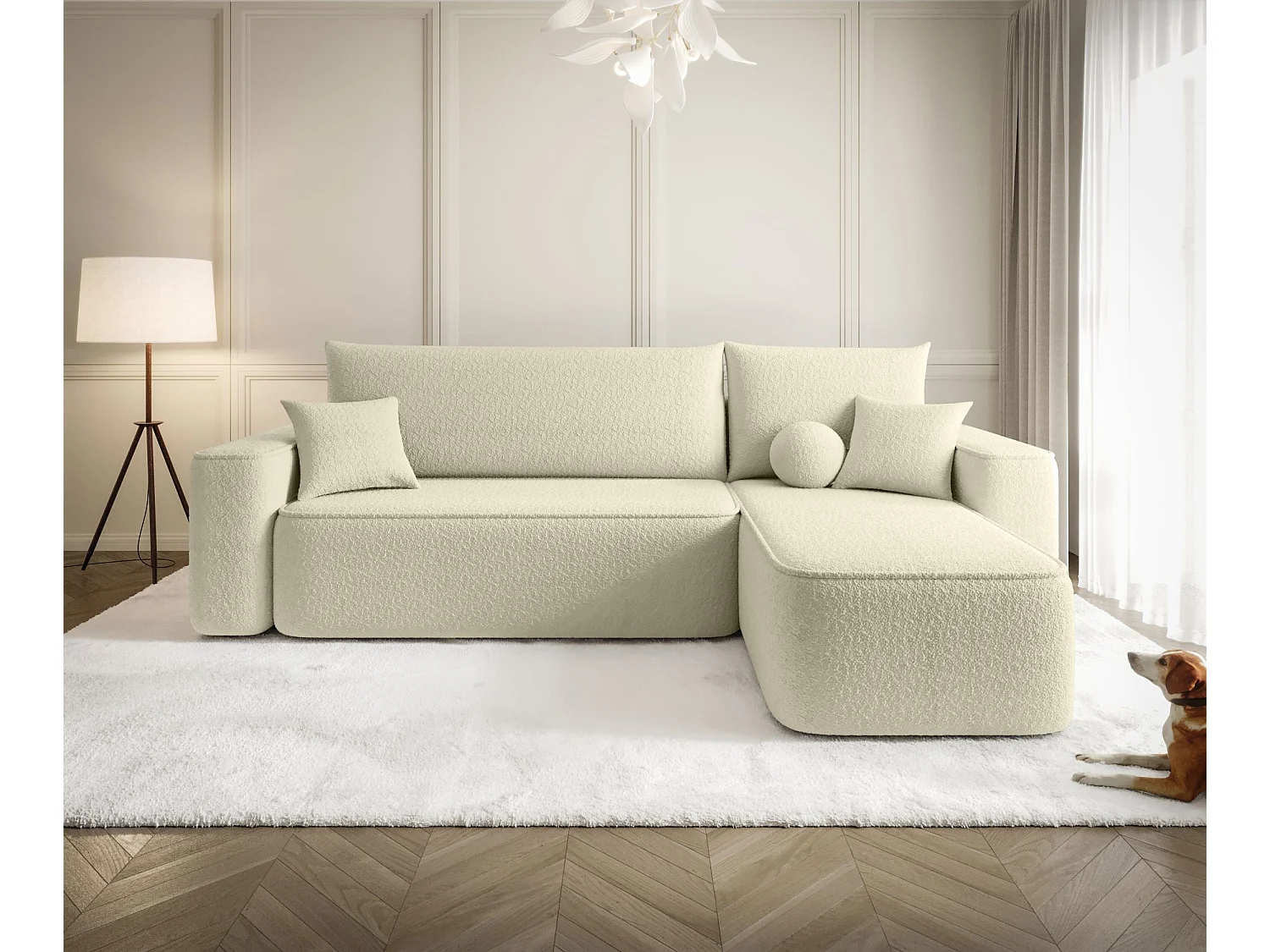 Canapé d'angle TEXAS droit Jasny Bezowy Bukle Quelle 2 - fonction couchage, coffre à literie