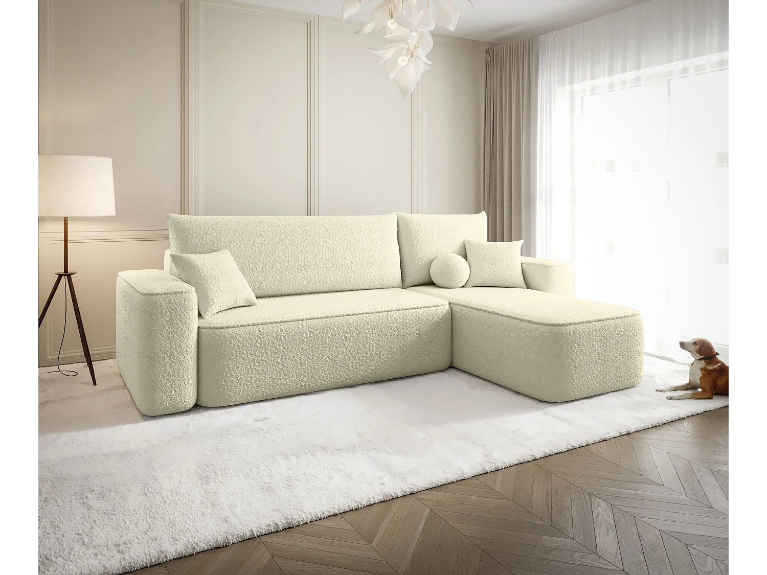 Canapé d'angle TEXAS droit Jasny Bezowy Bukle Quelle 2 - fonction couchage, coffre à literie