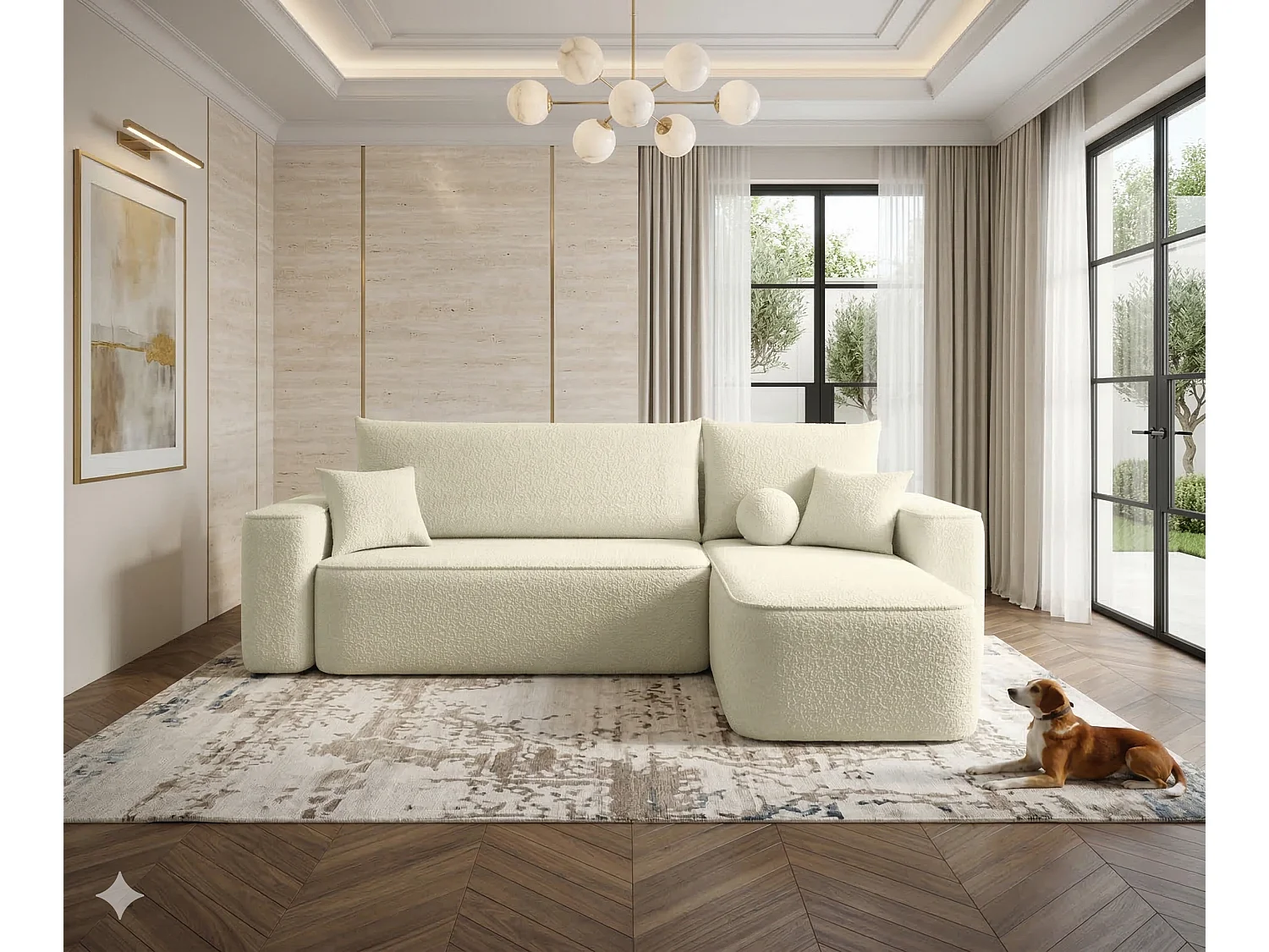 Canapé d'angle droit 3 places convertible avec coffre en tissu blanc CENA