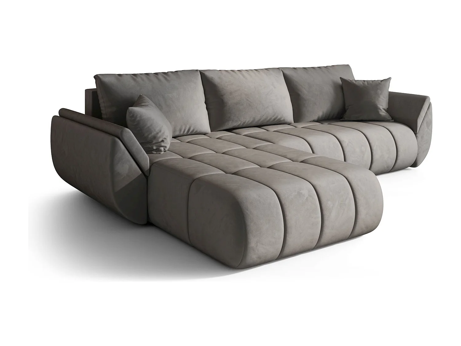 Canapé d'angle SYDNEY PREMIUM gauche gris clair velours Monolith 84 - fonction couchage, coffre à literie
