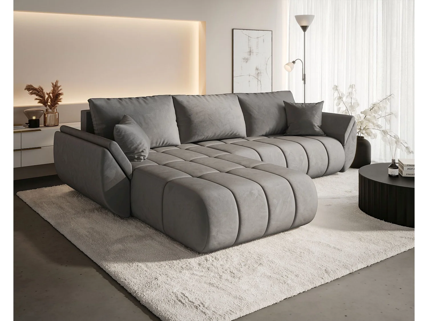 Canapé d'angle SYDNEY PREMIUM gauche gris clair velours Monolith 84 - fonction couchage, coffre à literie