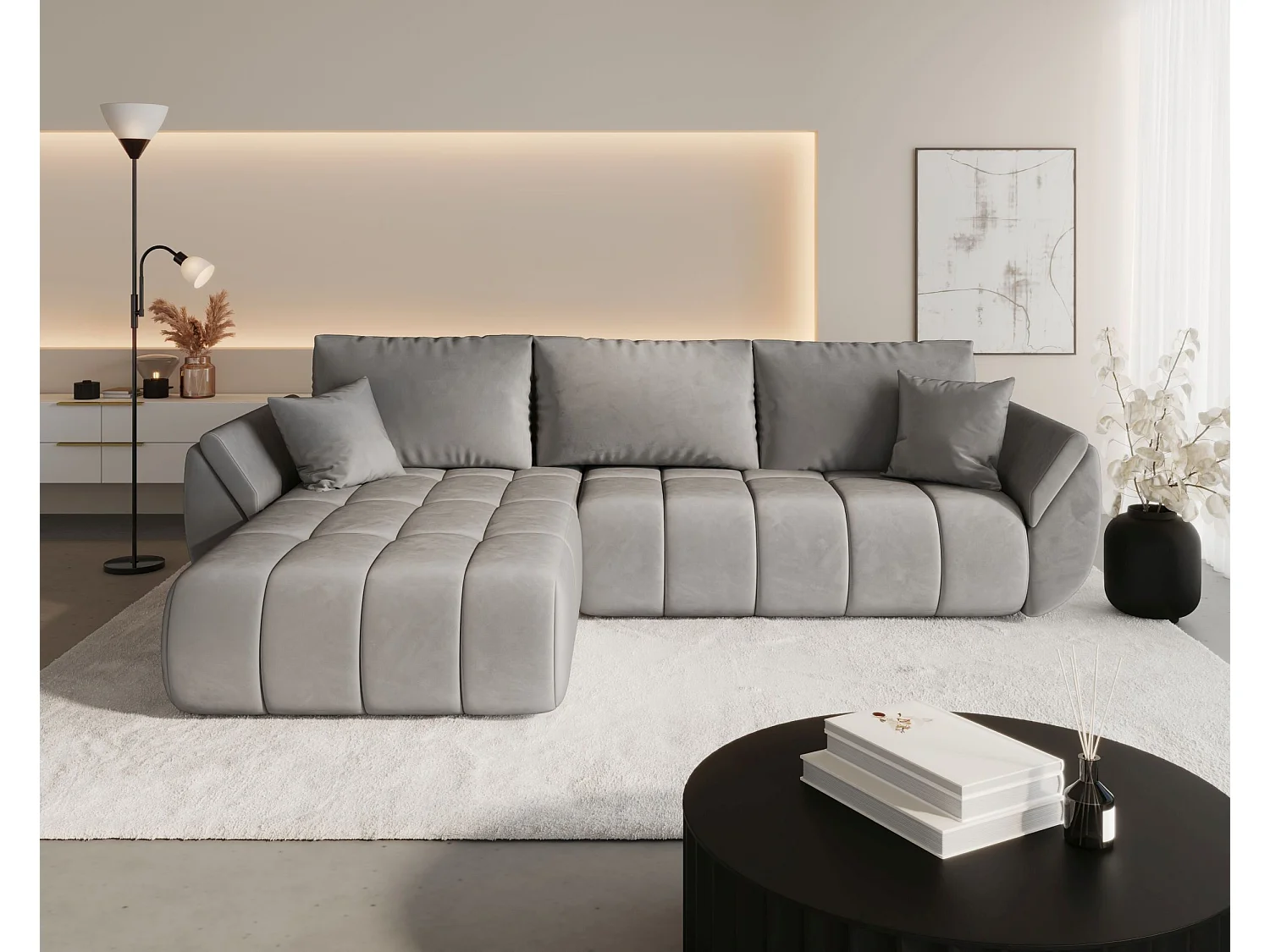 Canapé d'angle SYDNEY PREMIUM gauche gris clair velours Monolith 84 - fonction couchage, coffre à literie