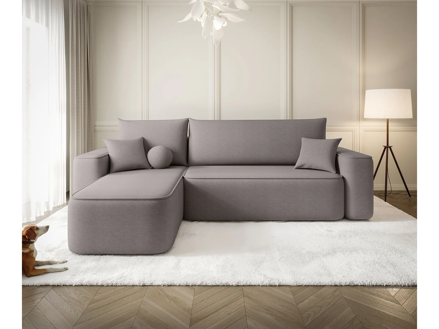 Canapé d'angle TEXAS gauche gris tricot Curio 83 - fonction couchage, coffre à literie