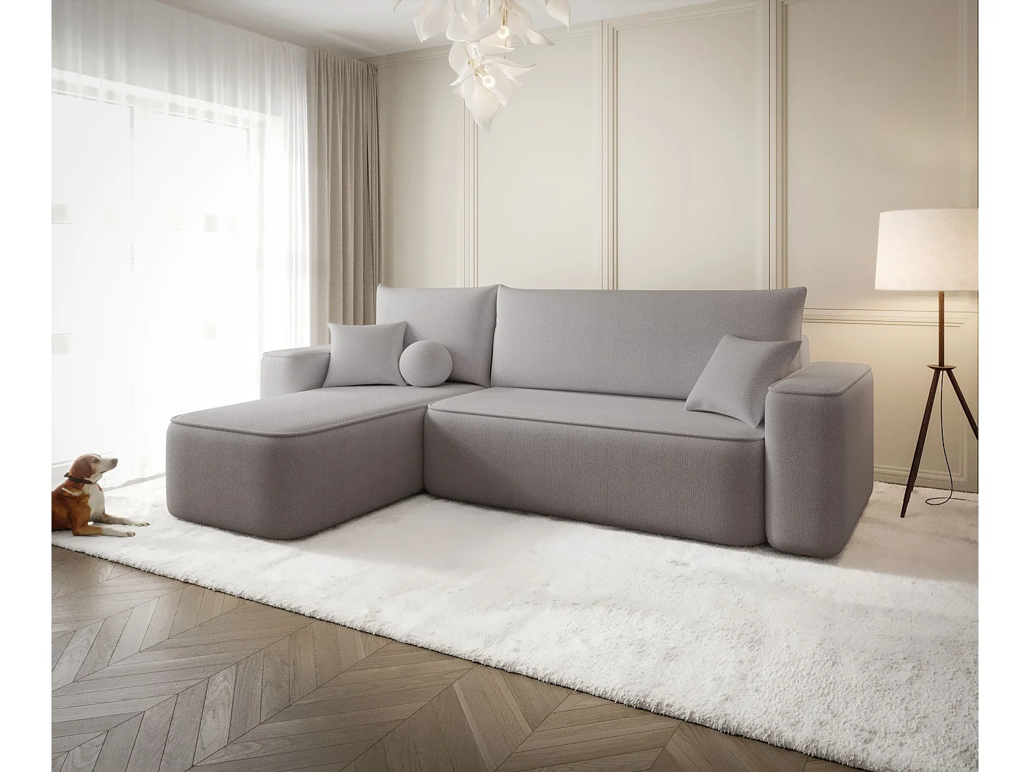Canapé d'angle TEXAS gauche gris tricot Curio 83 - fonction couchage, coffre à literie