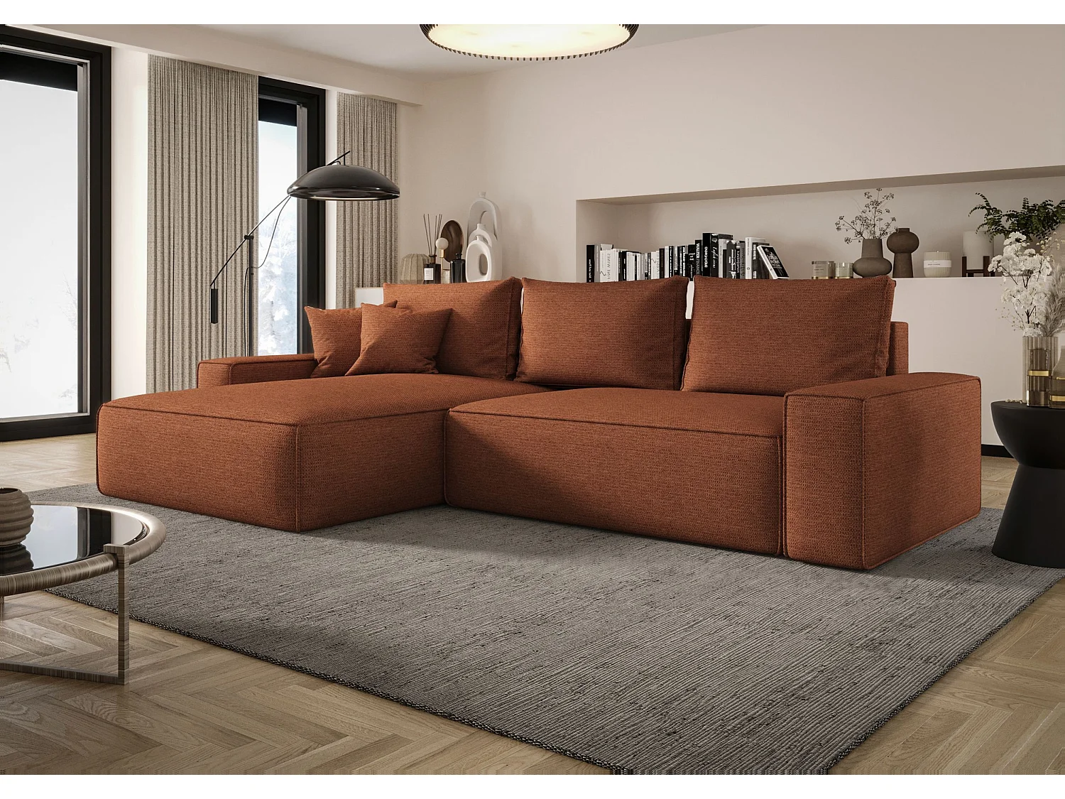 Canapé d'angle CALIFORNIA gauche Pomaranczowy tricot Aragon 56 - fonction couchage, coffre à literie