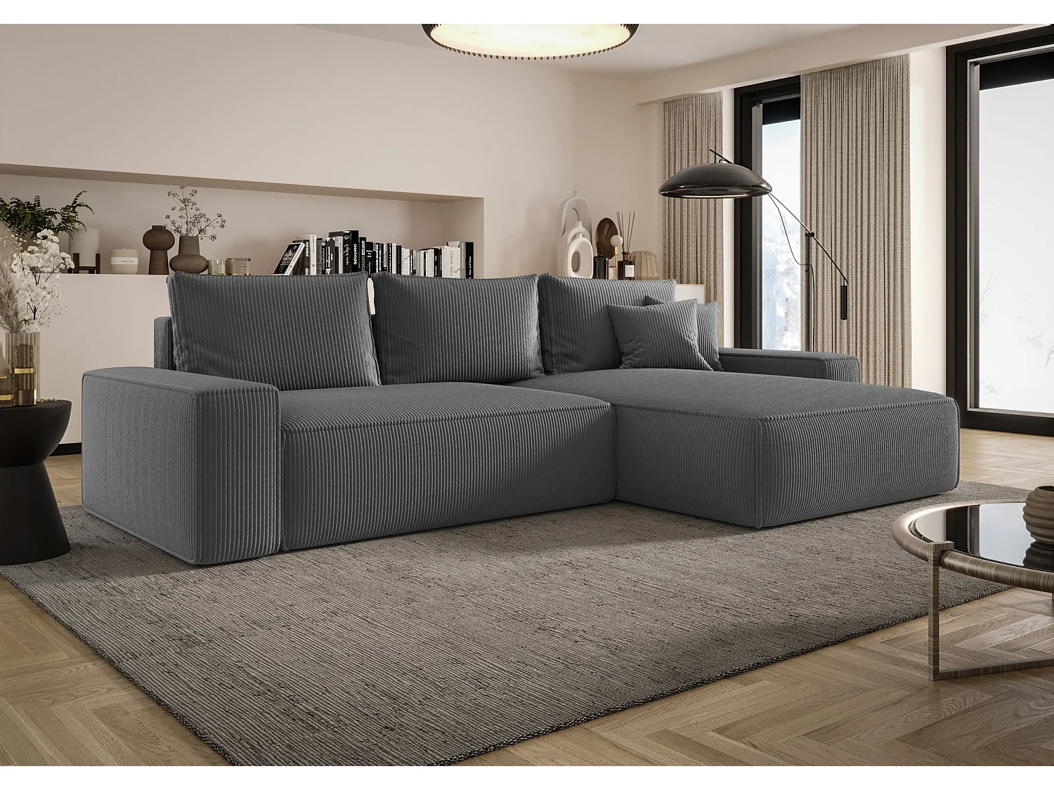 Canapé d'angle CALIFORNIA droit gris foncé velours côtelé Poso 60 - fonction couchage, coffre à literie