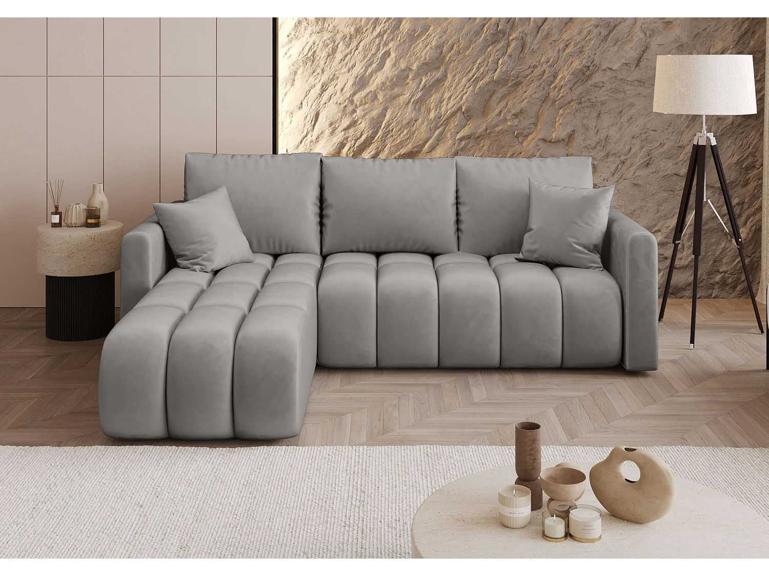 Canapé d'angle GARDA gauche gris clair velours Monolith 84 - fonction couchage, coffre à literie