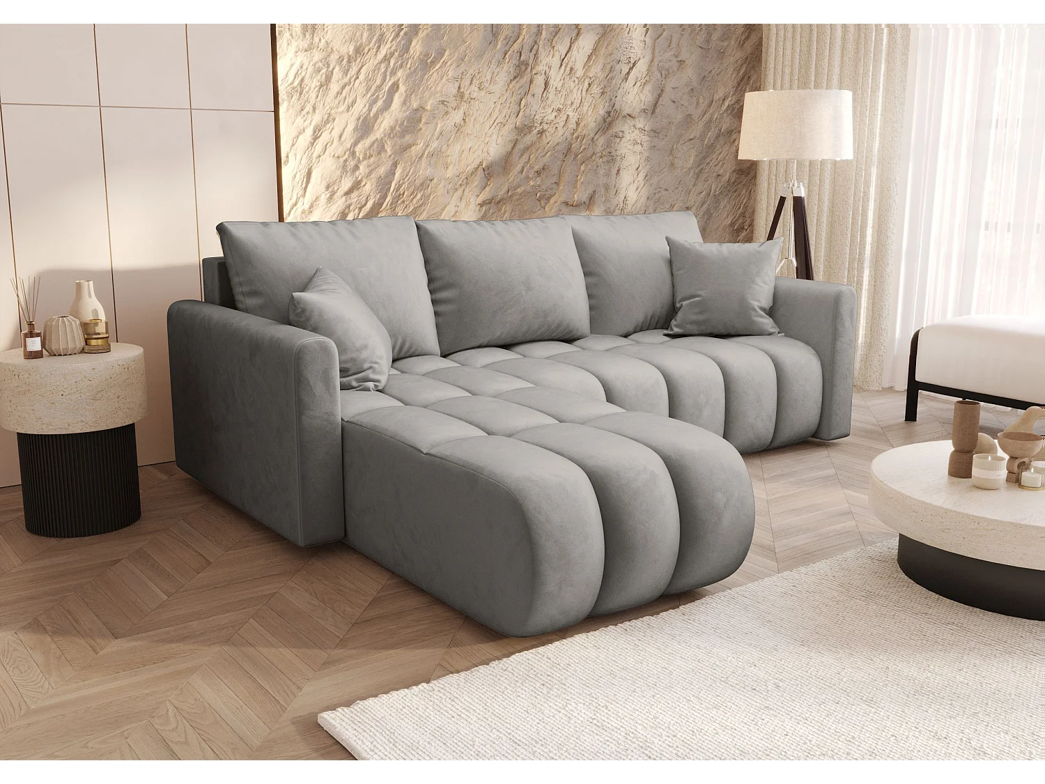Canapé d'angle GARDA gauche gris clair velours Monolith 84 - fonction couchage, coffre à literie