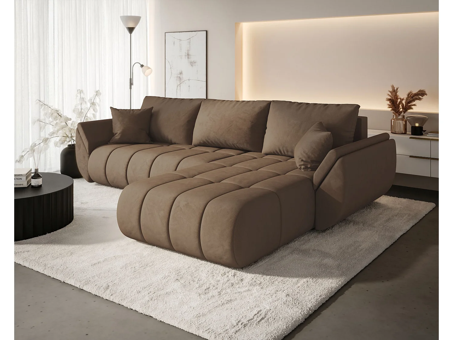 Canapé d'angle SYDNEY PREMIUM droit marron velours Monolith 9 - fonction couchage, coffre à literie