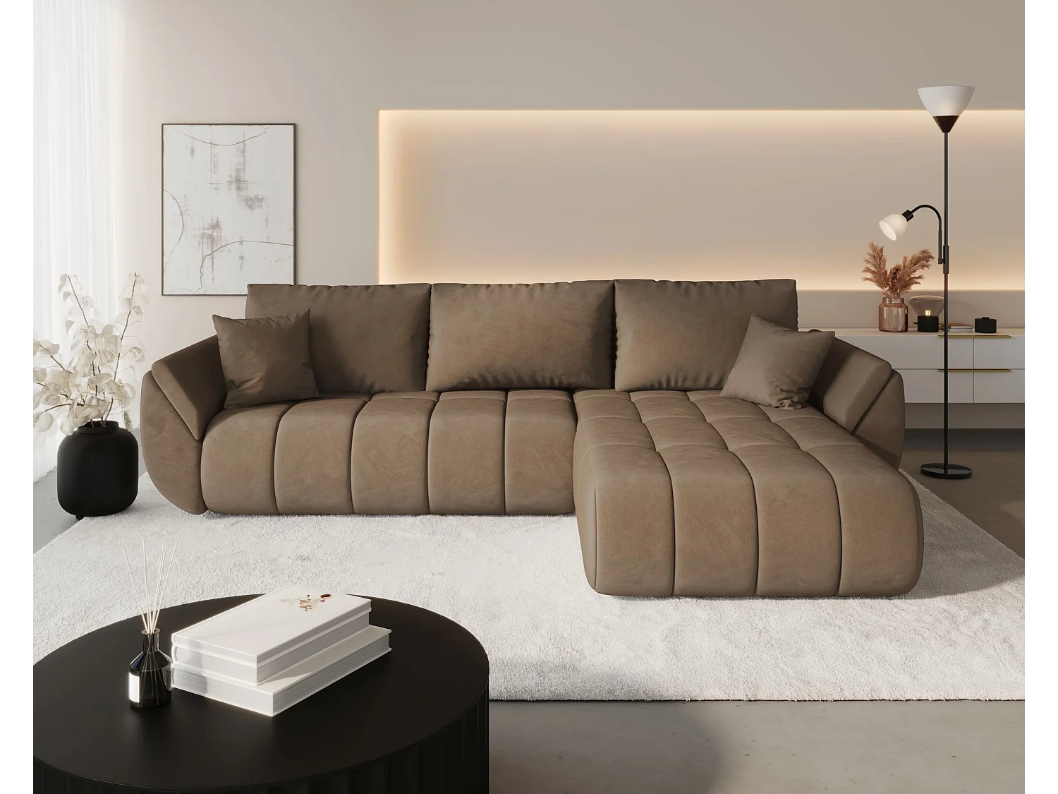 Canapé d'angle SYDNEY PREMIUM droit marron velours Monolith 9 - fonction couchage, coffre à literie