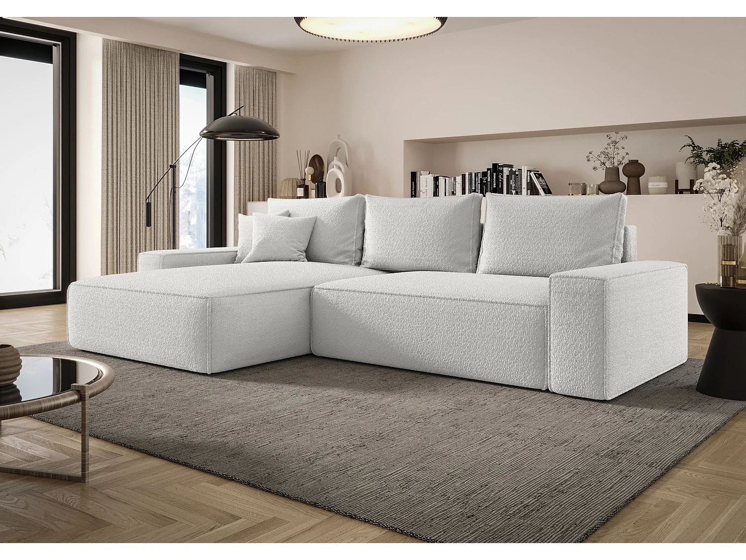 Canapé d'angle CALIFORNIA gauche blanc Bukle Quelle 1 - fonction couchage, coffre à literie