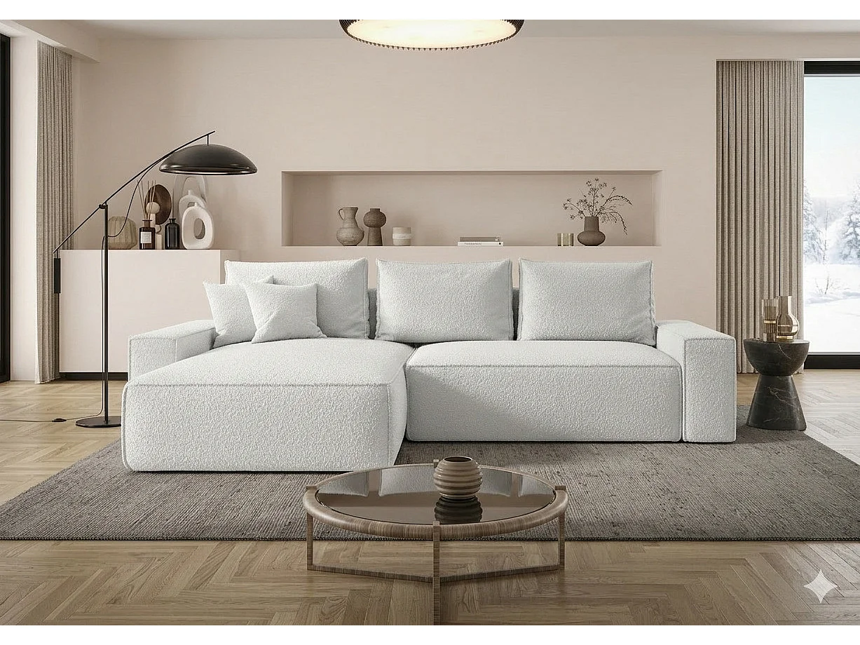 Canapé d’angle tissu bouclé convertible avec coffre NINA-Blanc cassé-angle gauche