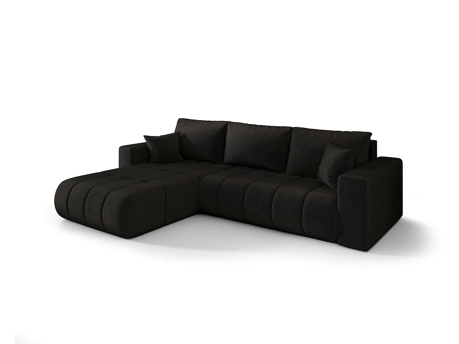 Canapé d'angle LARA PREMIUM gauche noir velours Monolith 97 - fonction couchage, coffre à literie