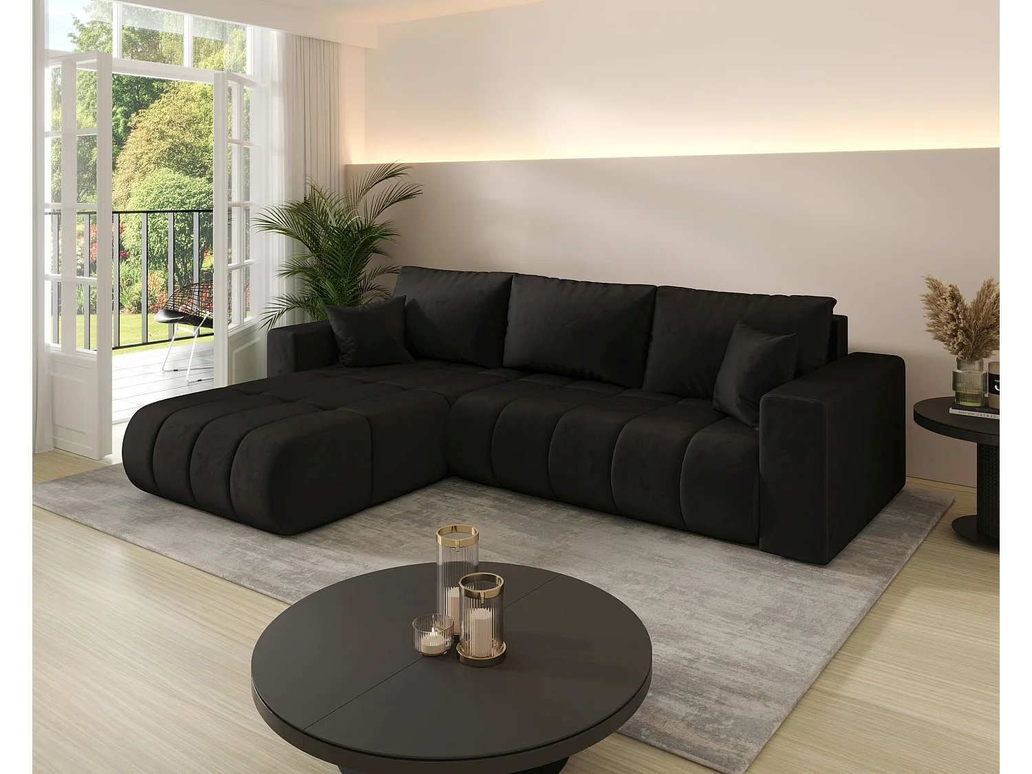 Canapé d'angle LARA PREMIUM gauche noir velours Monolith 97 - fonction couchage, coffre à literie