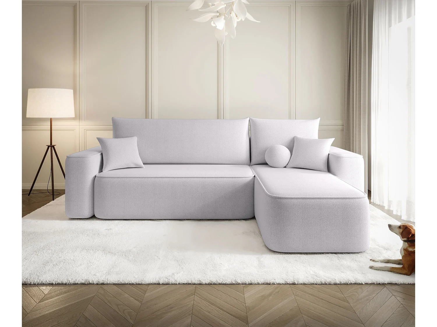 Canapé d'angle TEXAS droit gris clair tricot Curio 80 - fonction couchage, coffre à literie
