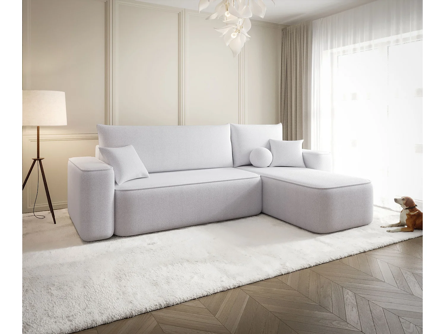 Canapé d'angle TEXAS droit gris clair tricot Curio 80 - fonction couchage, coffre à literie