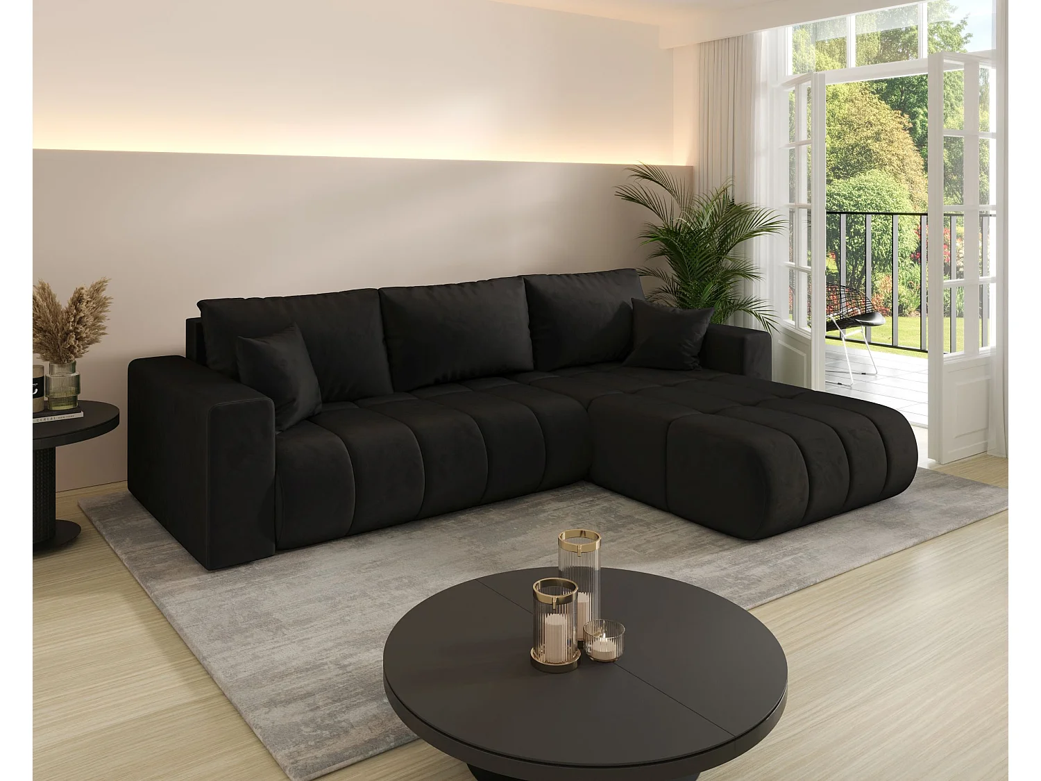 Canapé d'angle LARA PREMIUM droit noir velours Monolith 97 - fonction couchage, coffre à literie