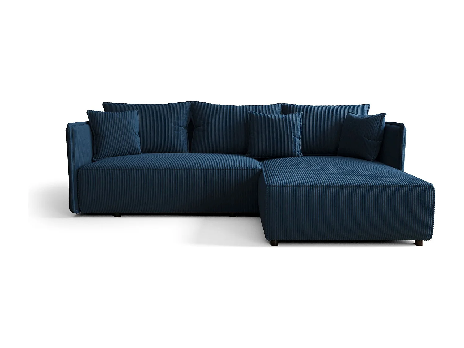 Canapé d'angle MILANO droit bleu foncé velours côtelé Poso 5 - fonction couchage, coffre à literie