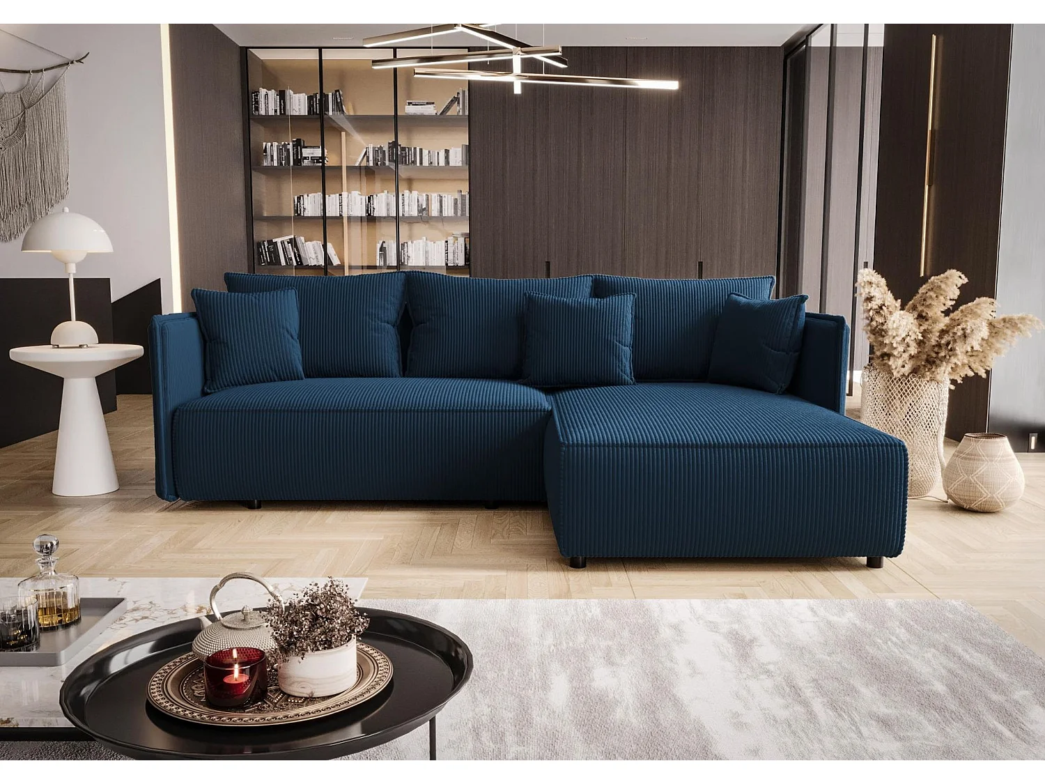 Canapé d'angle MILANO droit bleu foncé velours côtelé Poso 5 - fonction couchage, coffre à literie