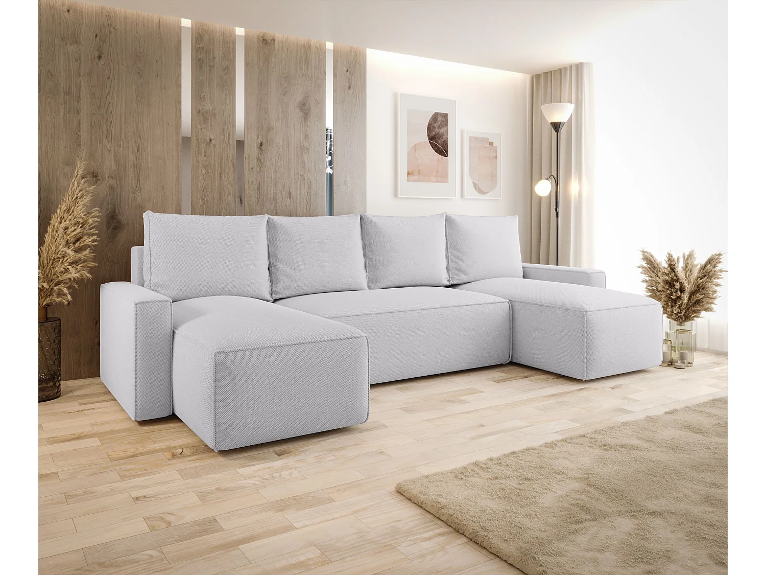 Canapé d'angle HAVANA en U gris clair tricot Curio 80 - fonction couchage, coffre à literie