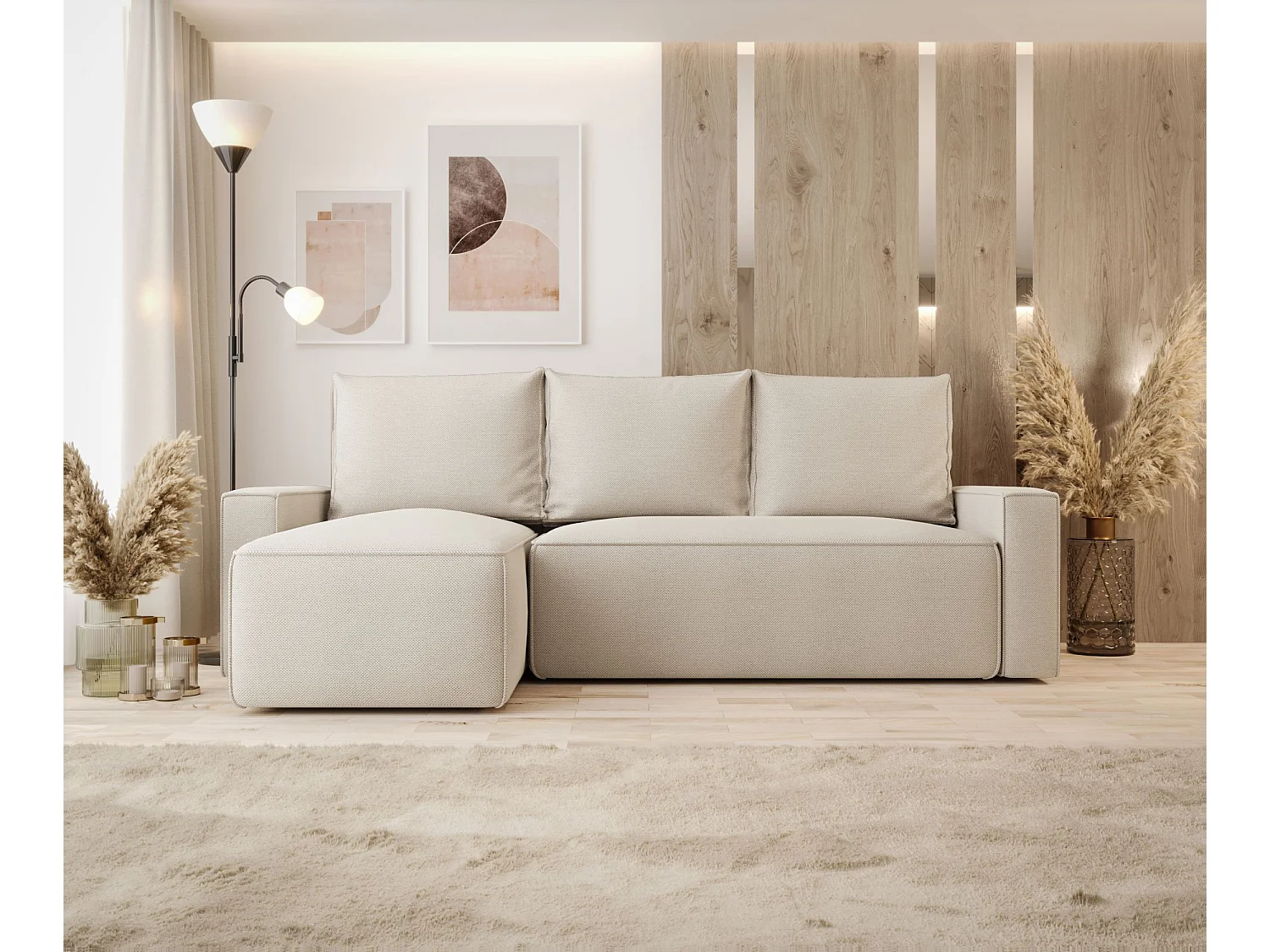 Canapé d'angle HAVANA gauche beige tricot Curio 9 - fonction couchage, coffre à literie