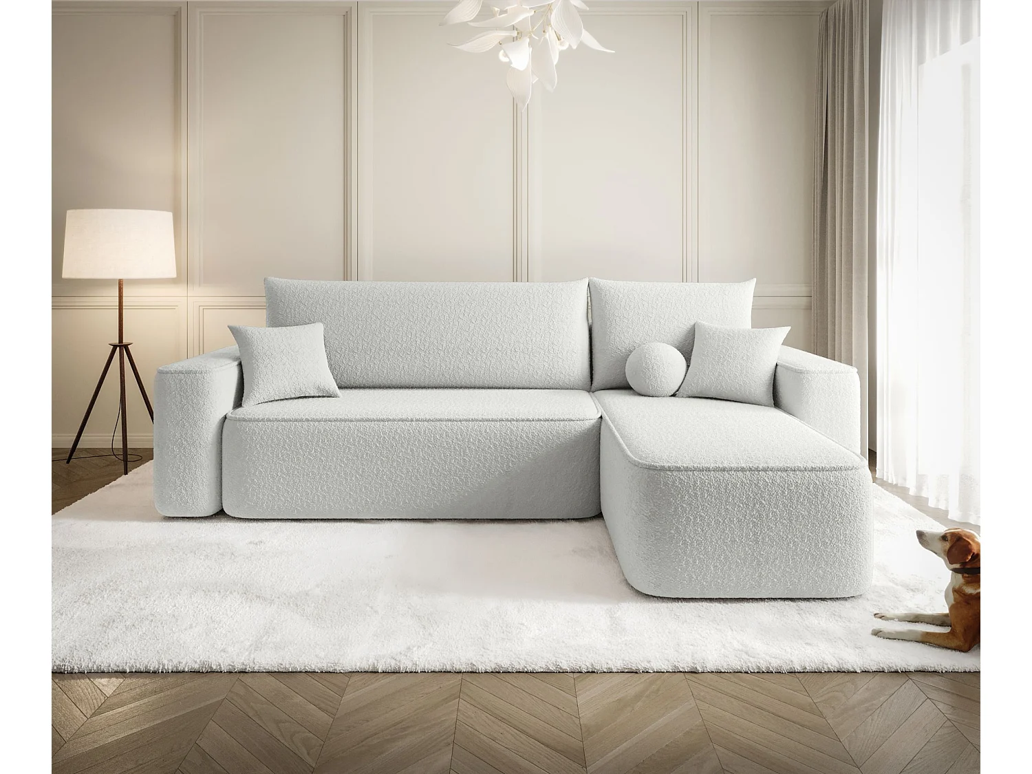 Canapé d'angle TEXAS droit blanc Bukle Quelle 1 - fonction couchage, coffre à literie