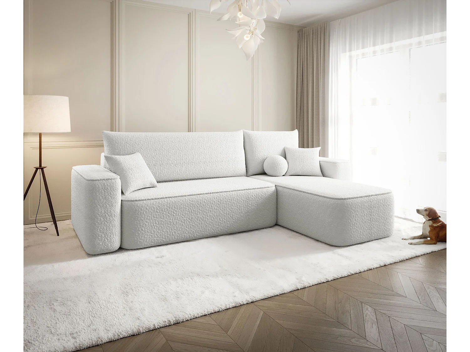 Canapé d'angle TEXAS droit blanc Bukle Quelle 1 - fonction couchage, coffre à literie