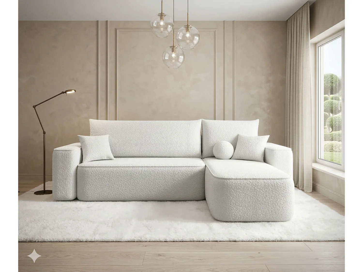 Canapé d'angle droit 3 places convertible avec coffre en tissu gris clair CENA