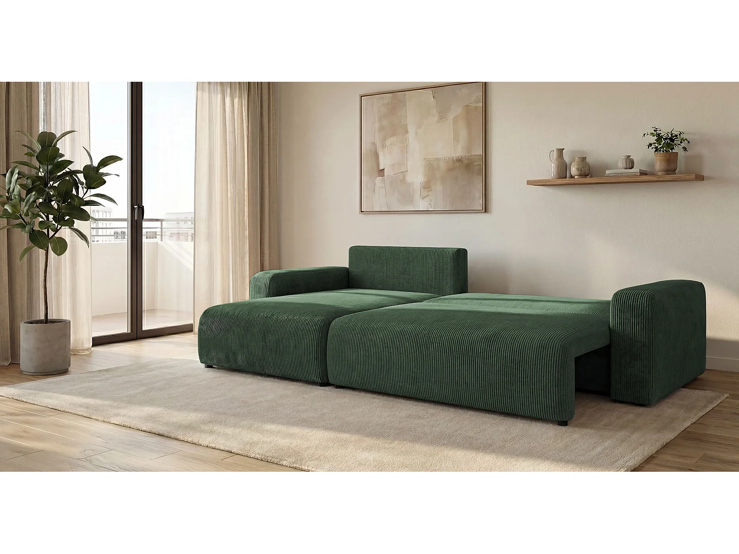 Canapé d'angle BERLIN gauche vert velours côtelé Poso 14 - fonction couchage, coffre à literie