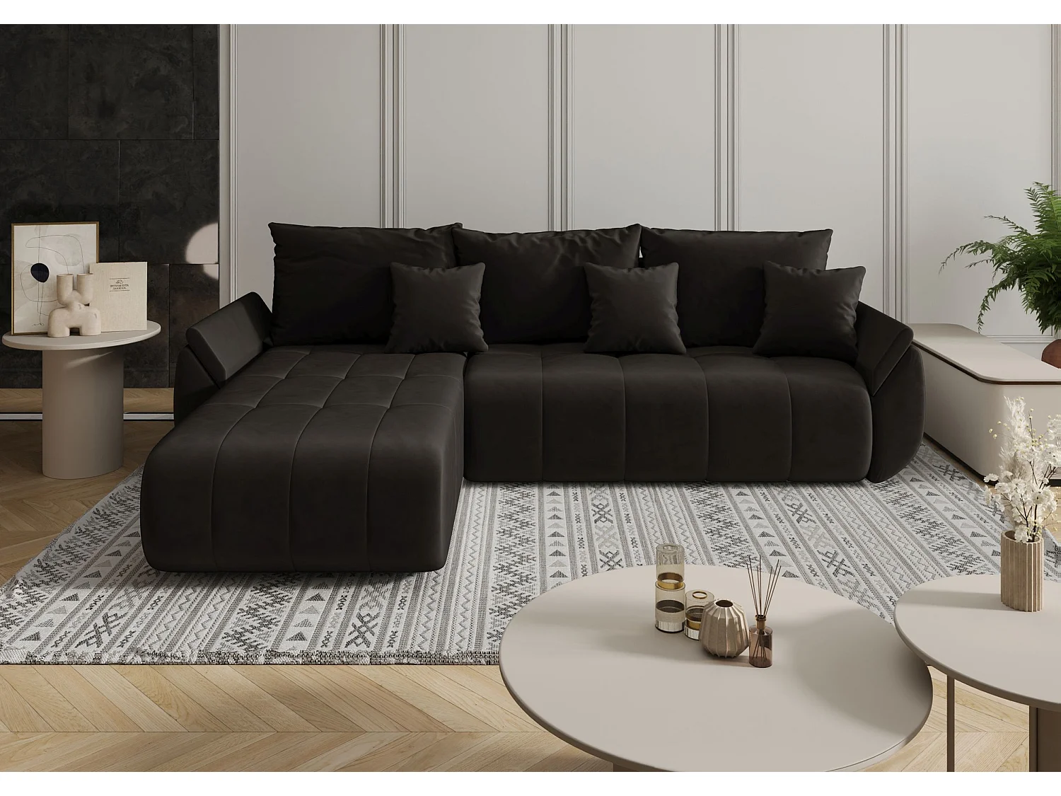 Canapé d'angle SYDNEY gauche graphite velours Monolith 95 - fonction couchage, coffre à literie
