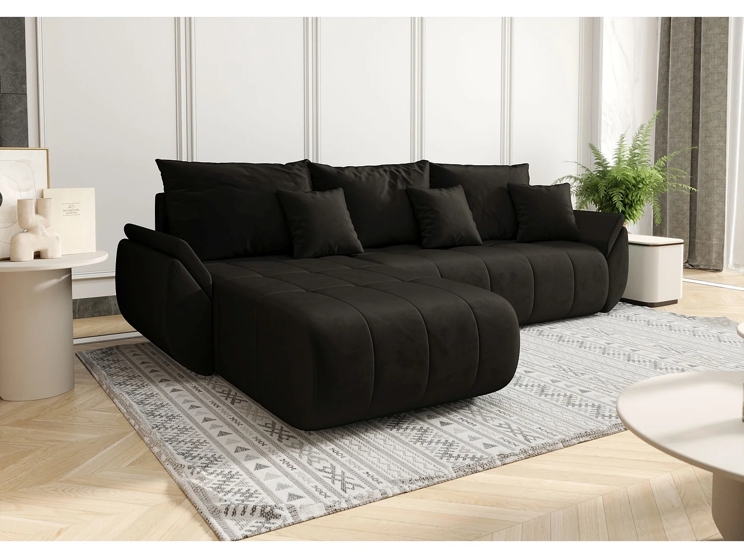 Canapé d'angle SYDNEY gauche graphite velours Monolith 95 - fonction couchage, coffre à literie