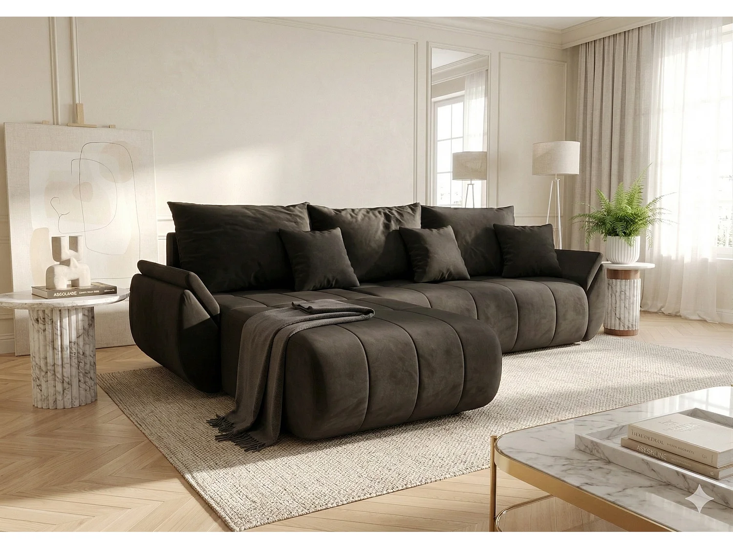 Canapé d’angle velours beige convertible avec coffre NOVA-Gris foncé-angle gauche
