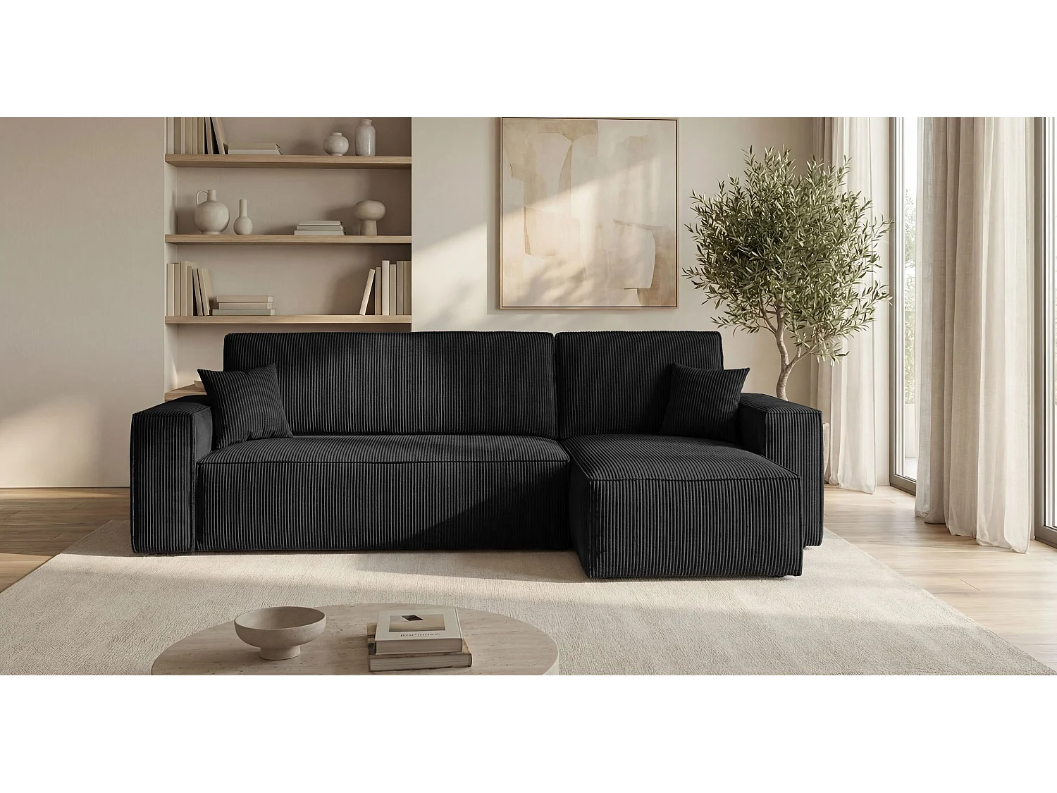 Canapé d'angle CALIFORNIA MINI droit noir velours côtelé Poso 135 - fonction couchage, coffre à literie
