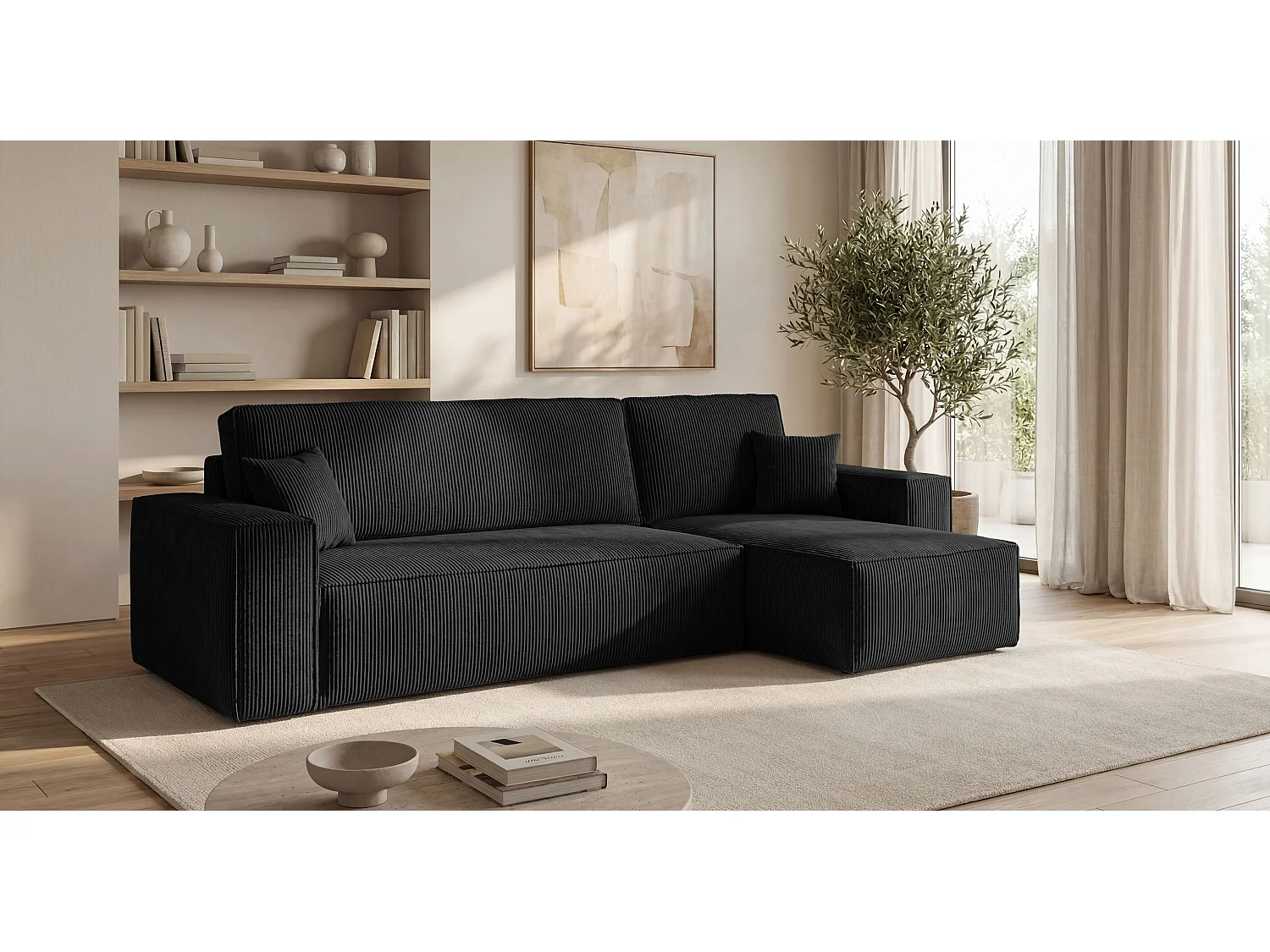 Canapé d'angle CALIFORNIA MINI droit noir velours côtelé Poso 135 - fonction couchage, coffre à literie