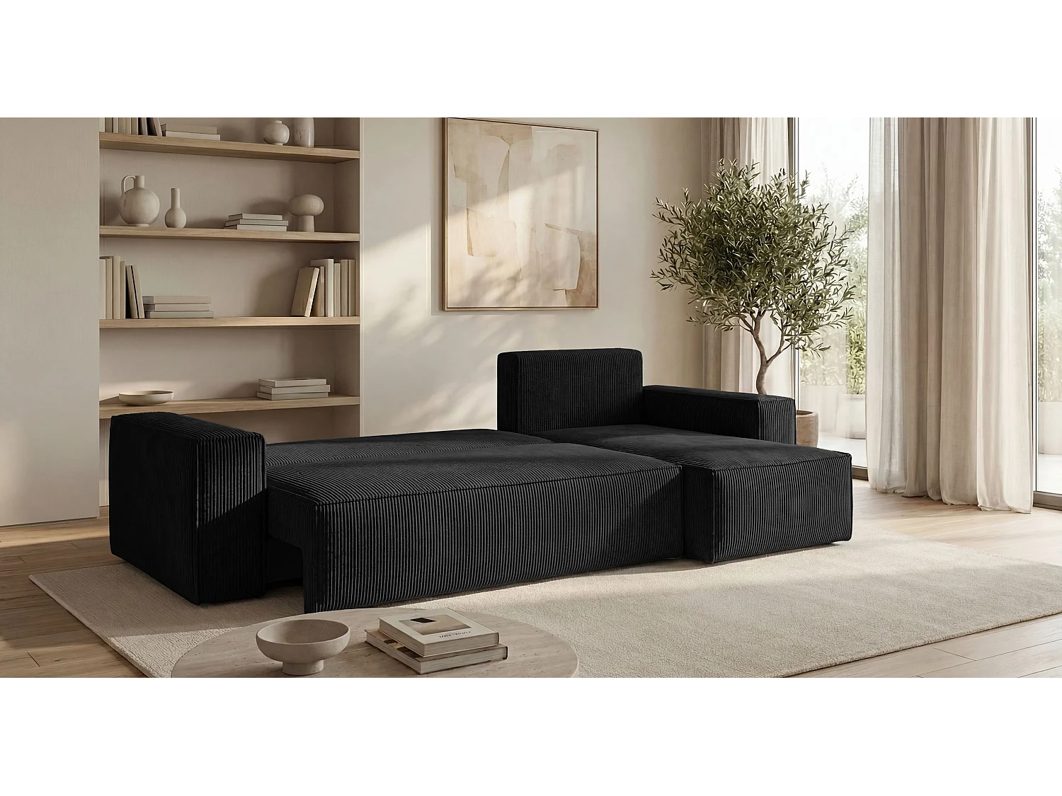 Canapé d'angle CALIFORNIA MINI droit noir velours côtelé Poso 135 - fonction couchage, coffre à literie