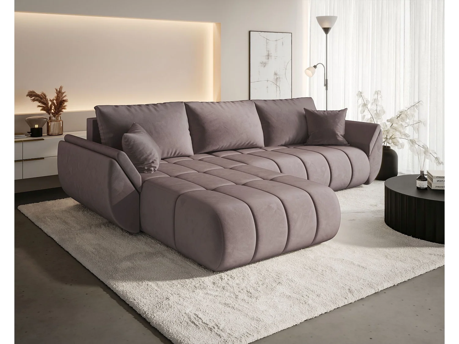 Canapé d'angle SYDNEY PREMIUM gauche rose foncé velours Monolith 62 - fonction couchage, coffre à literie