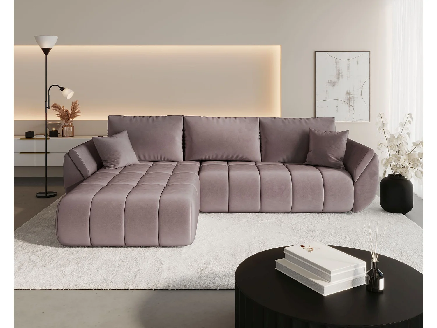 Canapé d'angle SYDNEY PREMIUM gauche rose foncé velours Monolith 62 - fonction couchage, coffre à literie