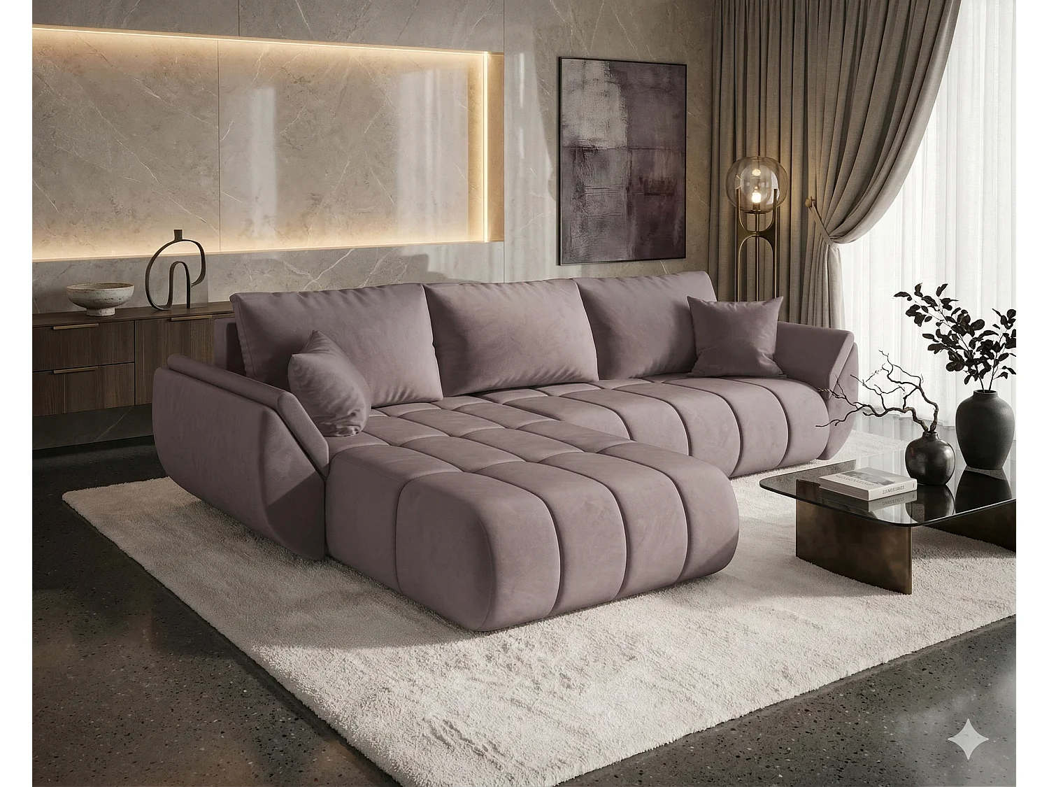 ARCO moderne design hoekbank van fluweel met opbergruimte-Oud roze-linkerhoek