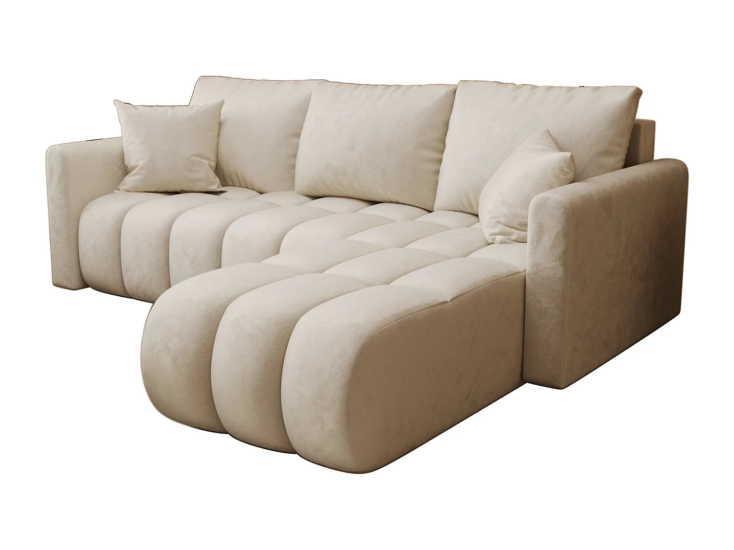 Canapé d'angle GARDA droit beige velours Monolith 2 - fonction couchage, coffre à literie