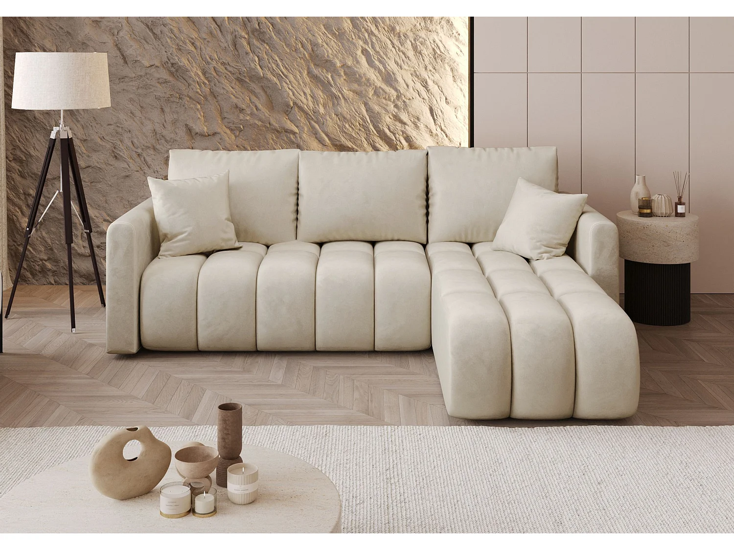 Canapé d'angle GARDA droit beige velours Monolith 2 - fonction couchage, coffre à literie