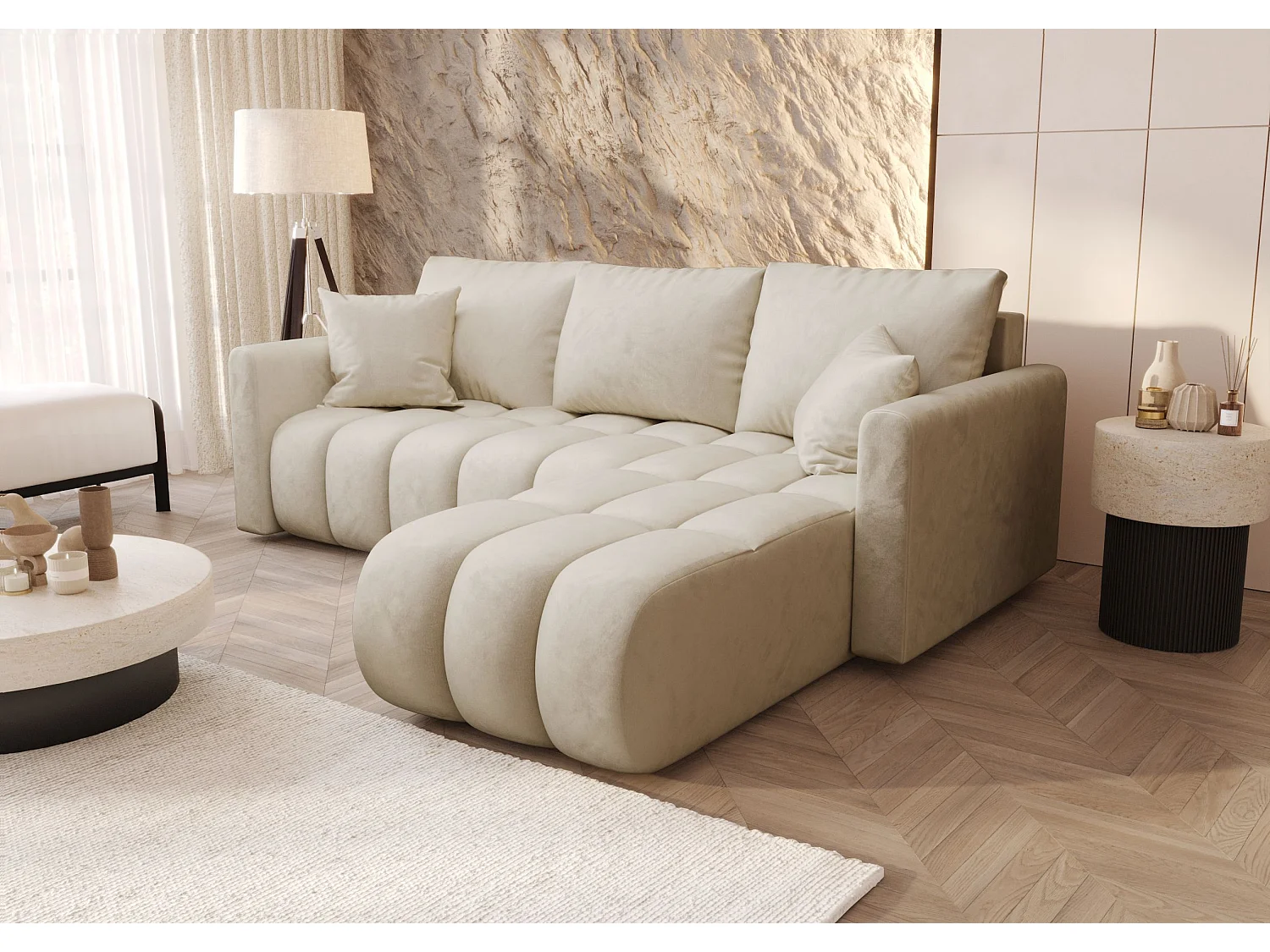 Canapé d'angle GARDA droit beige velours Monolith 2 - fonction couchage, coffre à literie