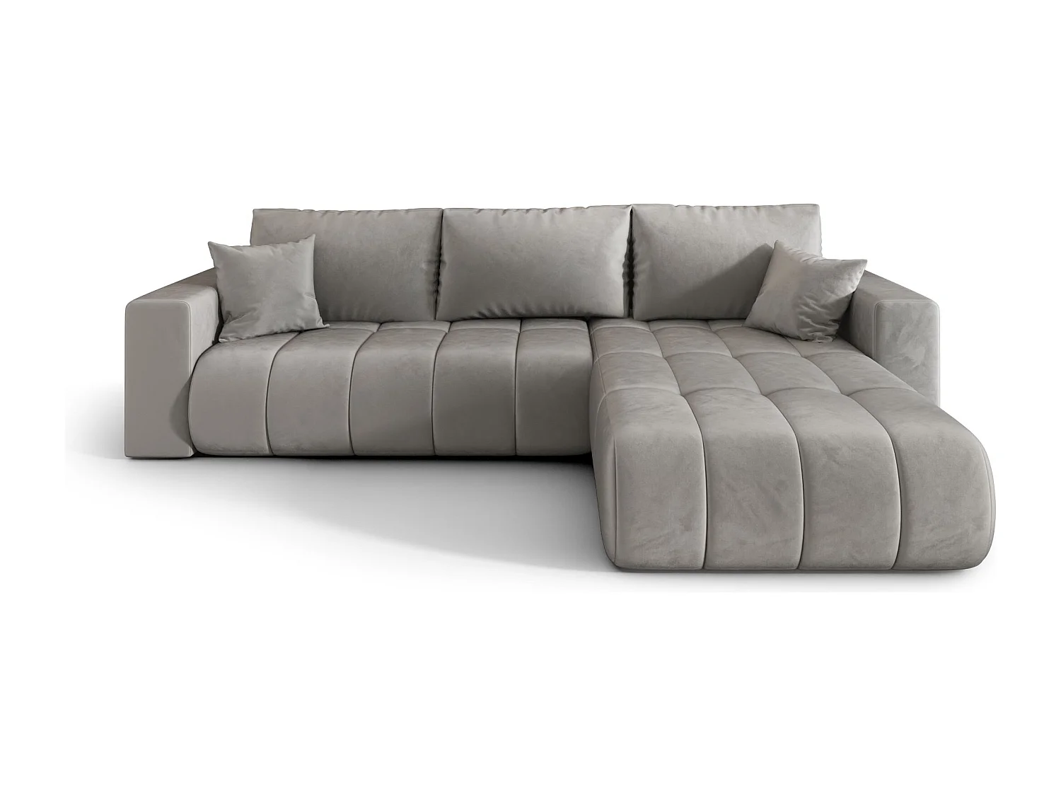 Canapé d'angle LARA PREMIUM droit gris clair velours Monolith 84 - fonction couchage, coffre à literie